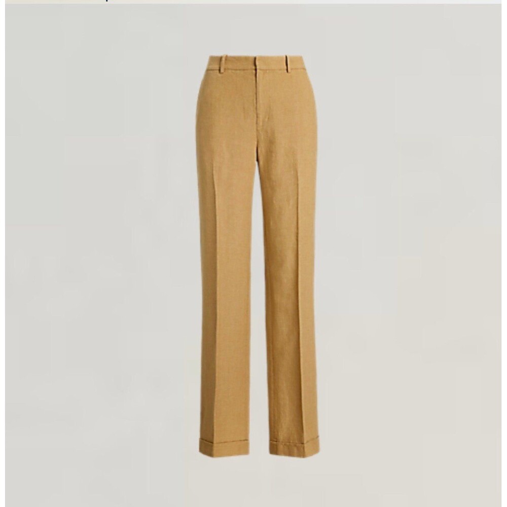 Polo by Ralph Lauren Tan 100% Linen Wide Leg Trousers Size 6 Cuffed